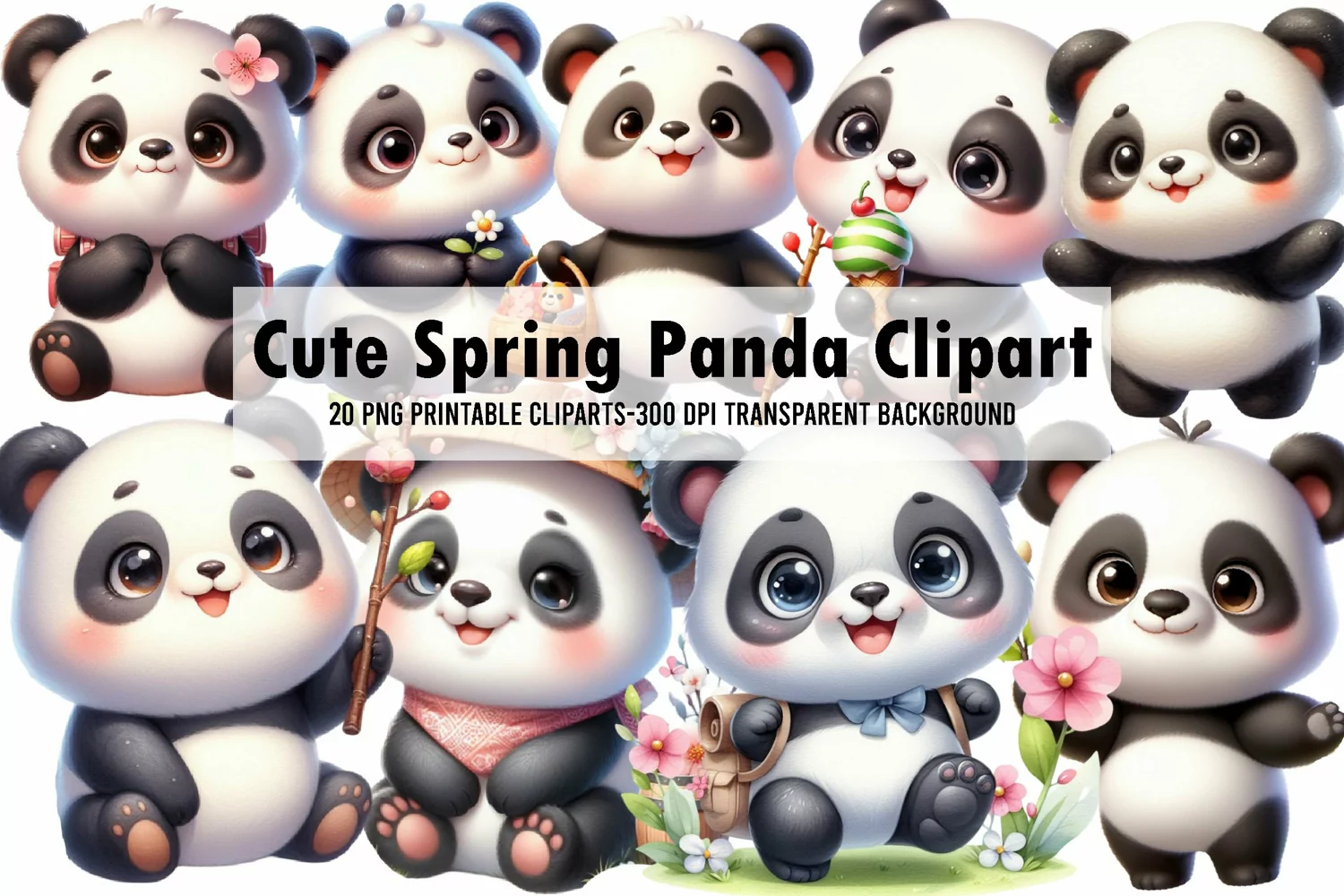 Cute Spring Panda Watercolor Clipart product image 1