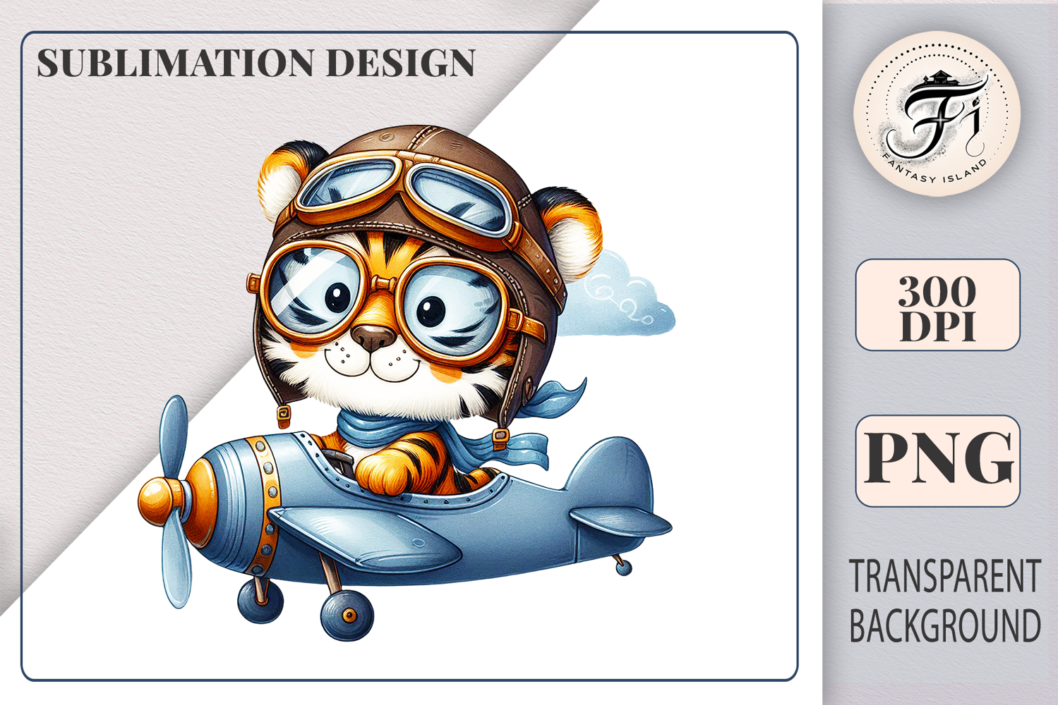 Cute cartoon tiger pilot flying a vintage airplane, watercolor sublimation clipart for kids, nursery decor, stickers, t-shirts, and greeting cards.