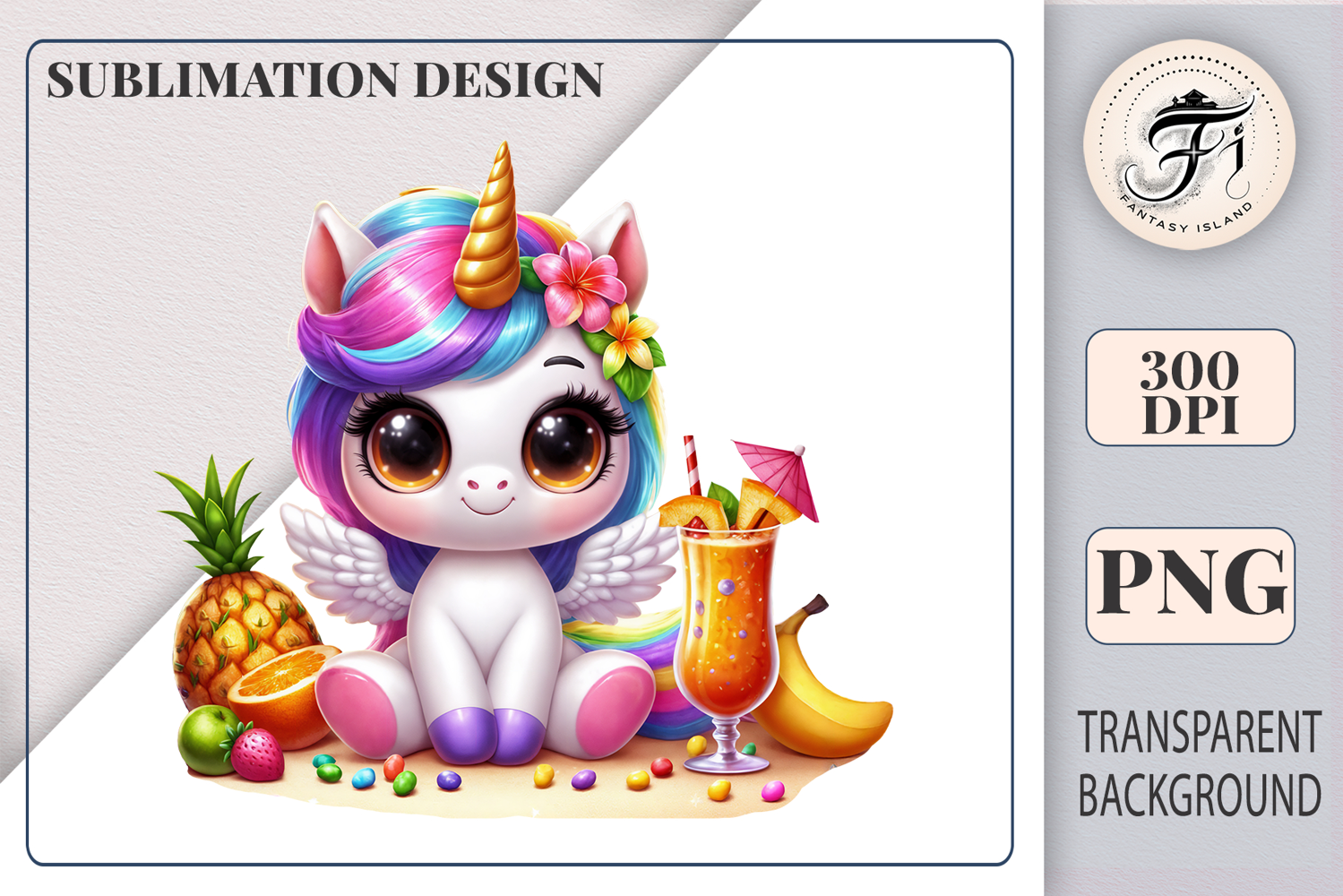 Cute baby unicorn with wings relaxing at a sunny beach party — fun and festive summer clipart - perfect for cheerful sublimation designs