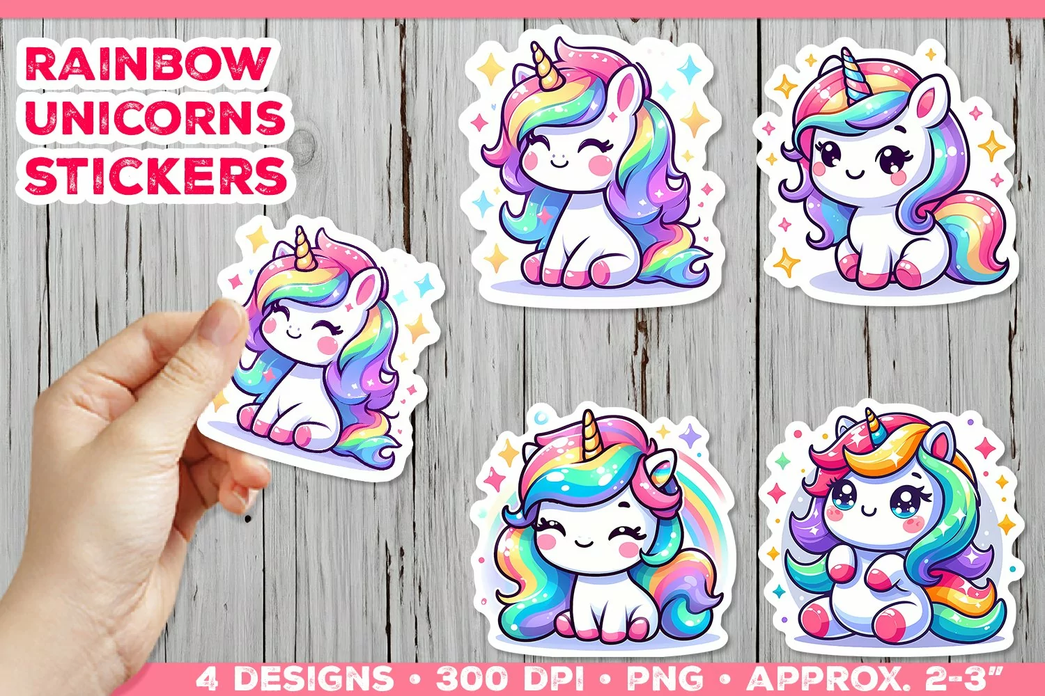 Rainbow Unicorns Cute Digital Stickers. Unicorn Stickers PNG product image 1