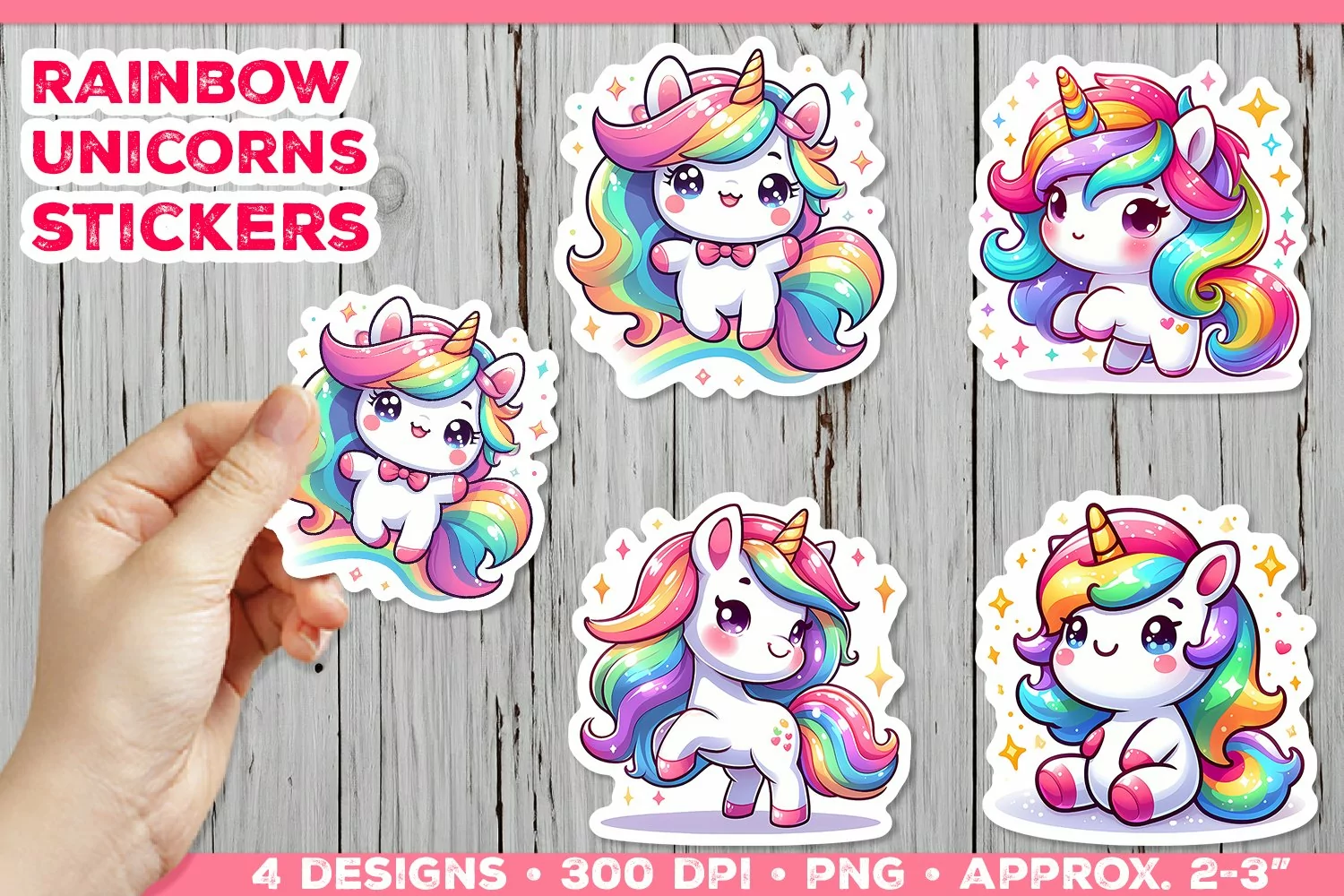 Rainbow Unicorns Cute Digital Stickers. Unicorn Stickers PNG product image 1