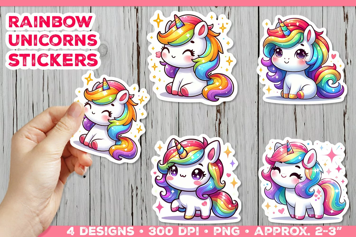 Rainbow Unicorns Cute Digital Stickers. Unicorn Stickers PNG product image 1
