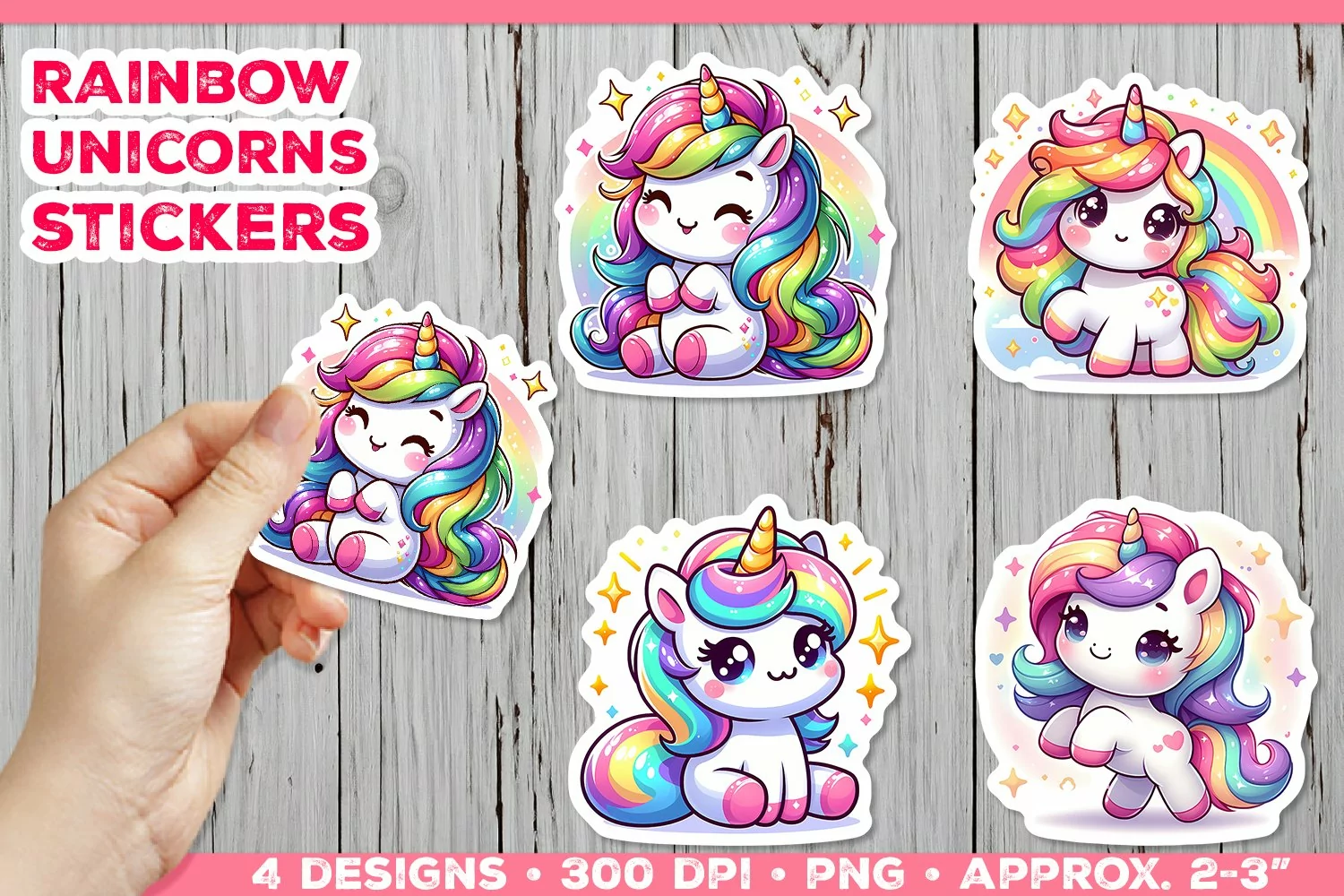 Rainbow Unicorns Cute Digital Stickers. Unicorn Stickers PNG product image 1