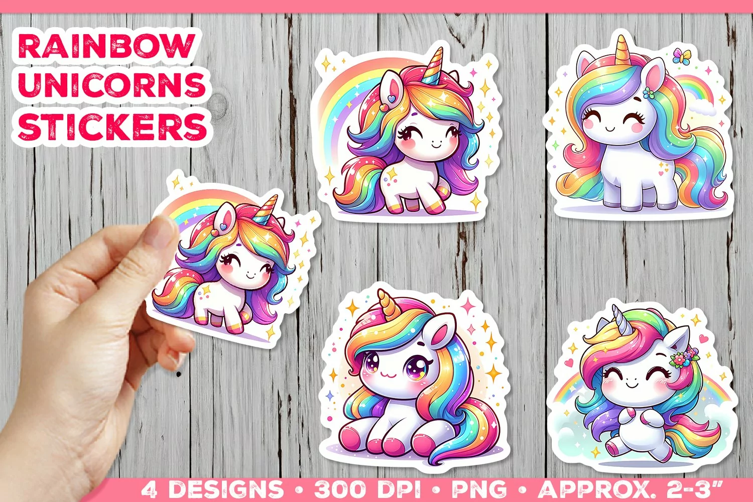 Rainbow Unicorns Cute Digital Stickers. Unicorn Stickers PNG product image 1