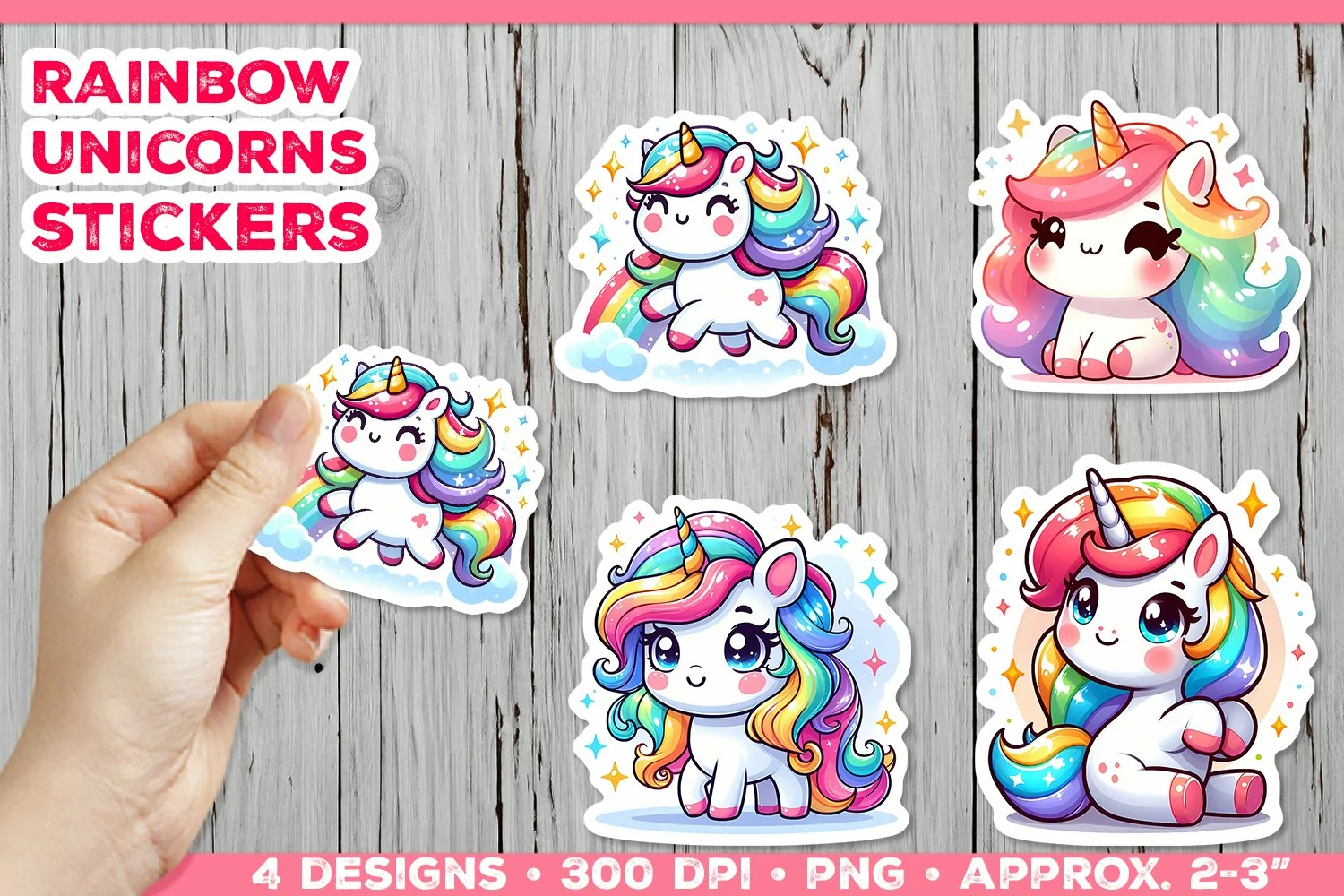 Rainbow Unicorns Cute Digital Stickers. Unicorn Stickers PNG product image 1