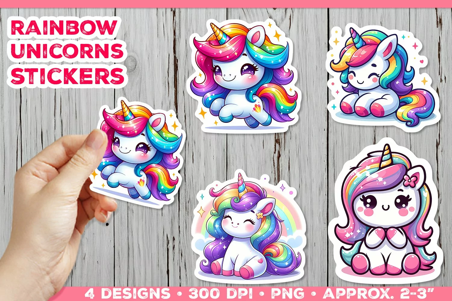 Rainbow Unicorns Cute Digital Stickers. Unicorn Stickers PNG product image 1