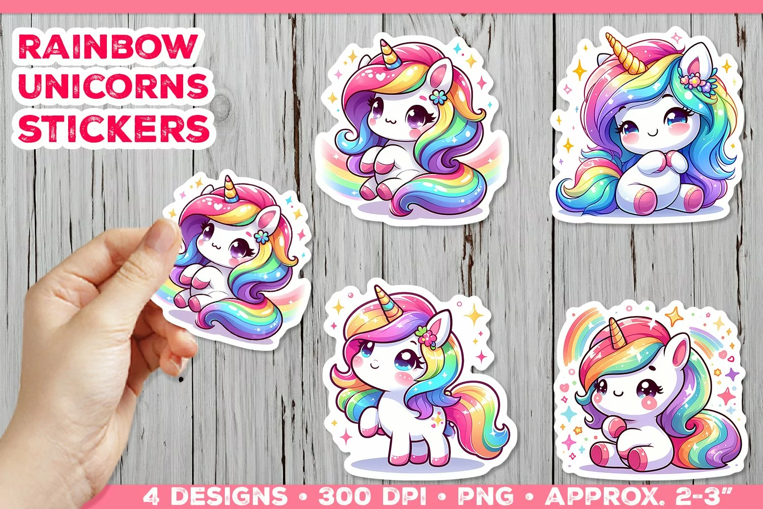 Rainbow Unicorns Cute Digital Stickers. Unicorn Stickers PNG product image 1