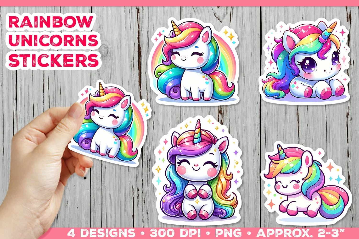 Rainbow Unicorns Cute Digital Stickers. Unicorn Stickers PNG product image 1
