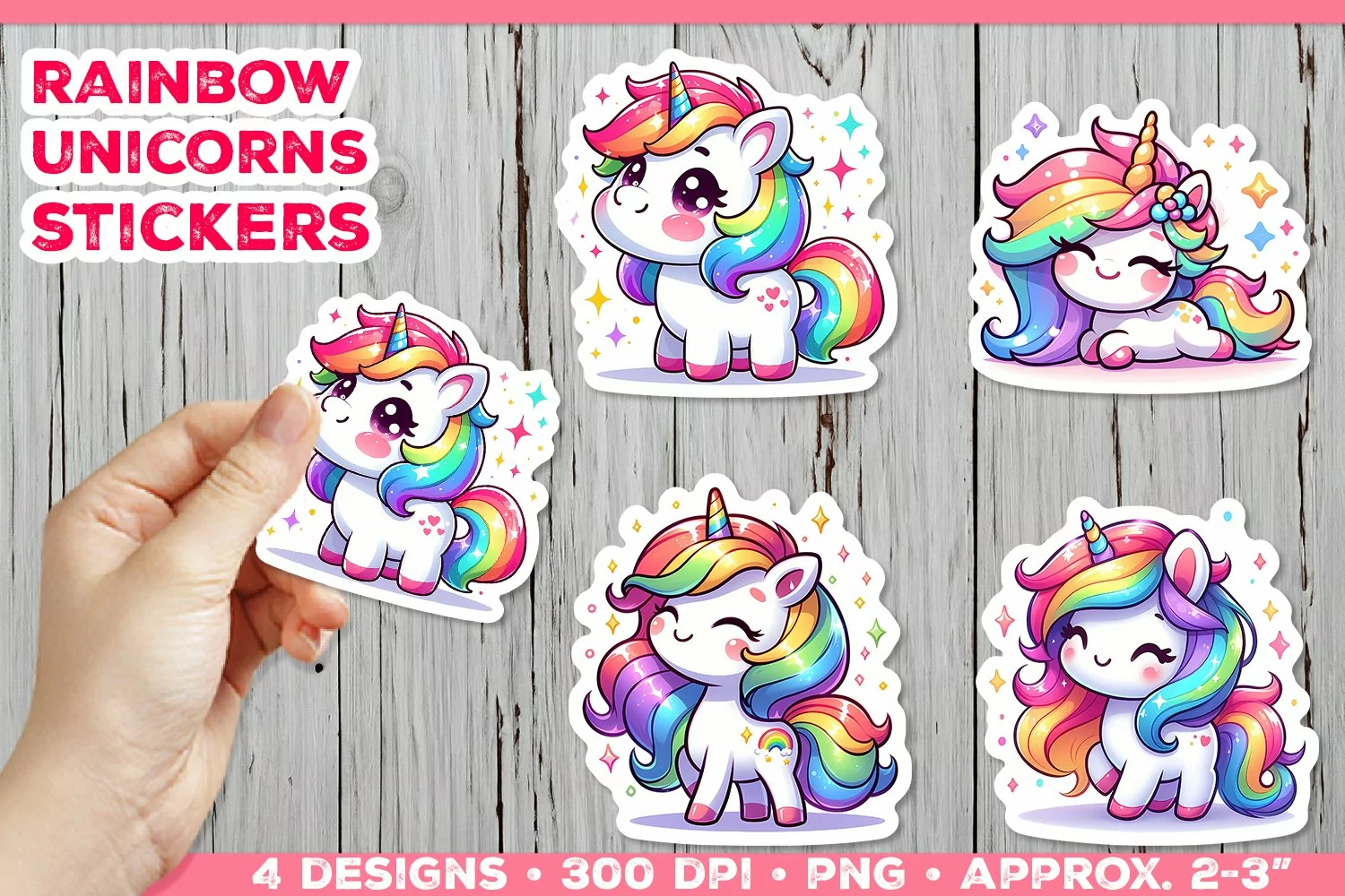 Rainbow Unicorns Cute Digital Stickers. Unicorn Stickers PNG product image 1