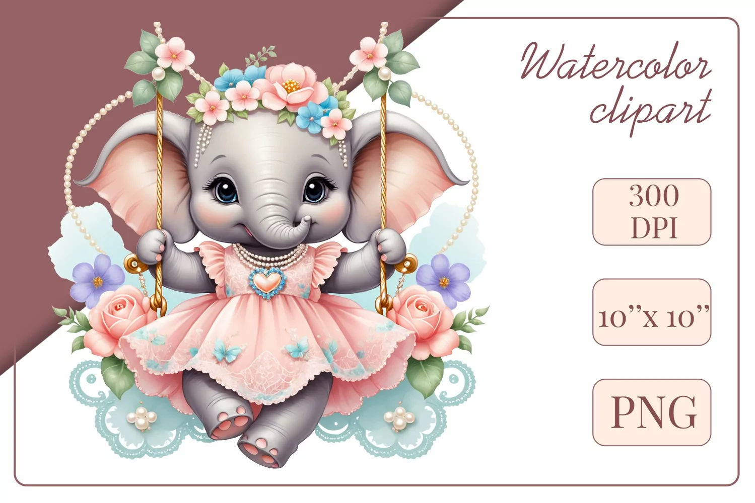 Cute baby elephant clipart on flower-decorated swings in soft pastel hues. Perfect for children's books, educational materials, websites, and nursery decor. Watercolor and digital painting blend. Ideal for adding a magical touch to kids' content