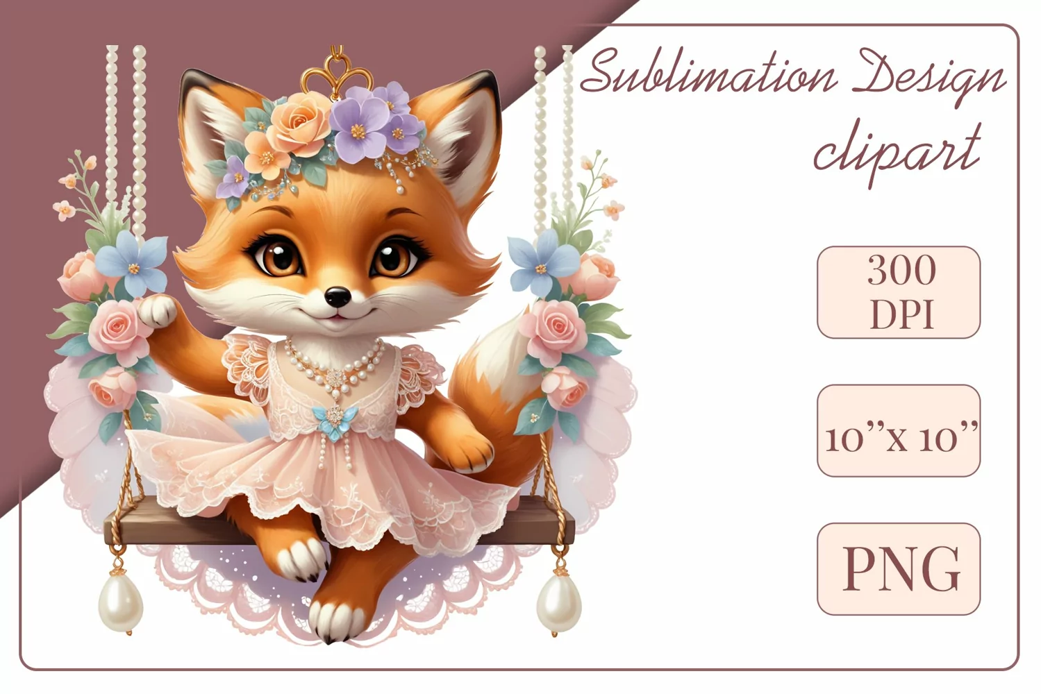 Cute baby fox clipart on flower-decorated swings in soft pastel hues. Perfect for children's books, educational materials, websites, and nursery decor. Watercolor and digital painting blend. Ideal for adding a magical touch to kids' content
