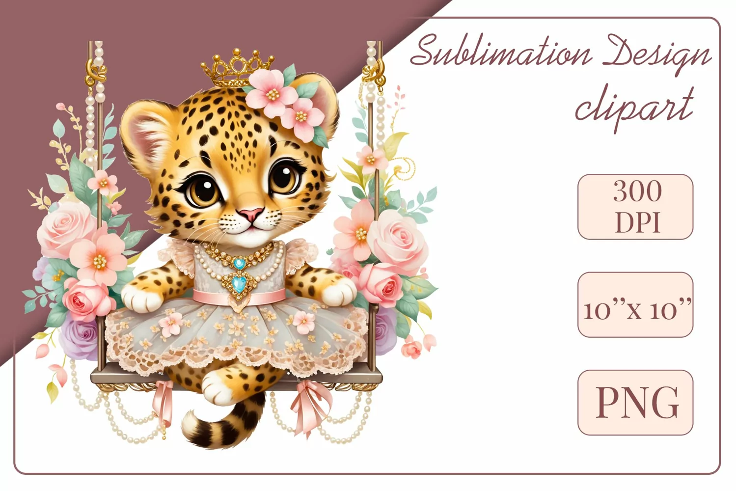 Cute baby leopard clipart on flower-decorated swings in soft pastel hues. Perfect for children's books, educational materials, websites, and nursery decor. Watercolor and digital painting blend. Ideal for adding a magical touch to kids' content