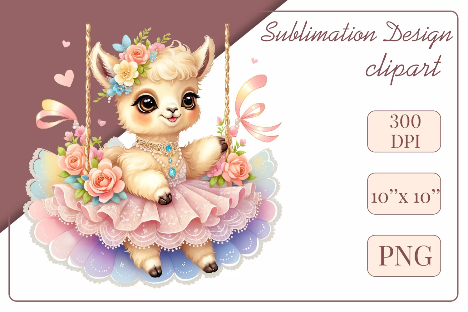Cute Baby llama clipart on flower-decorated swings in soft pastel hues. Perfect for children's books, educational materials, websites, and nursery decor. Watercolor and digital painting blend. Ideal for adding a magical touch to kids' content