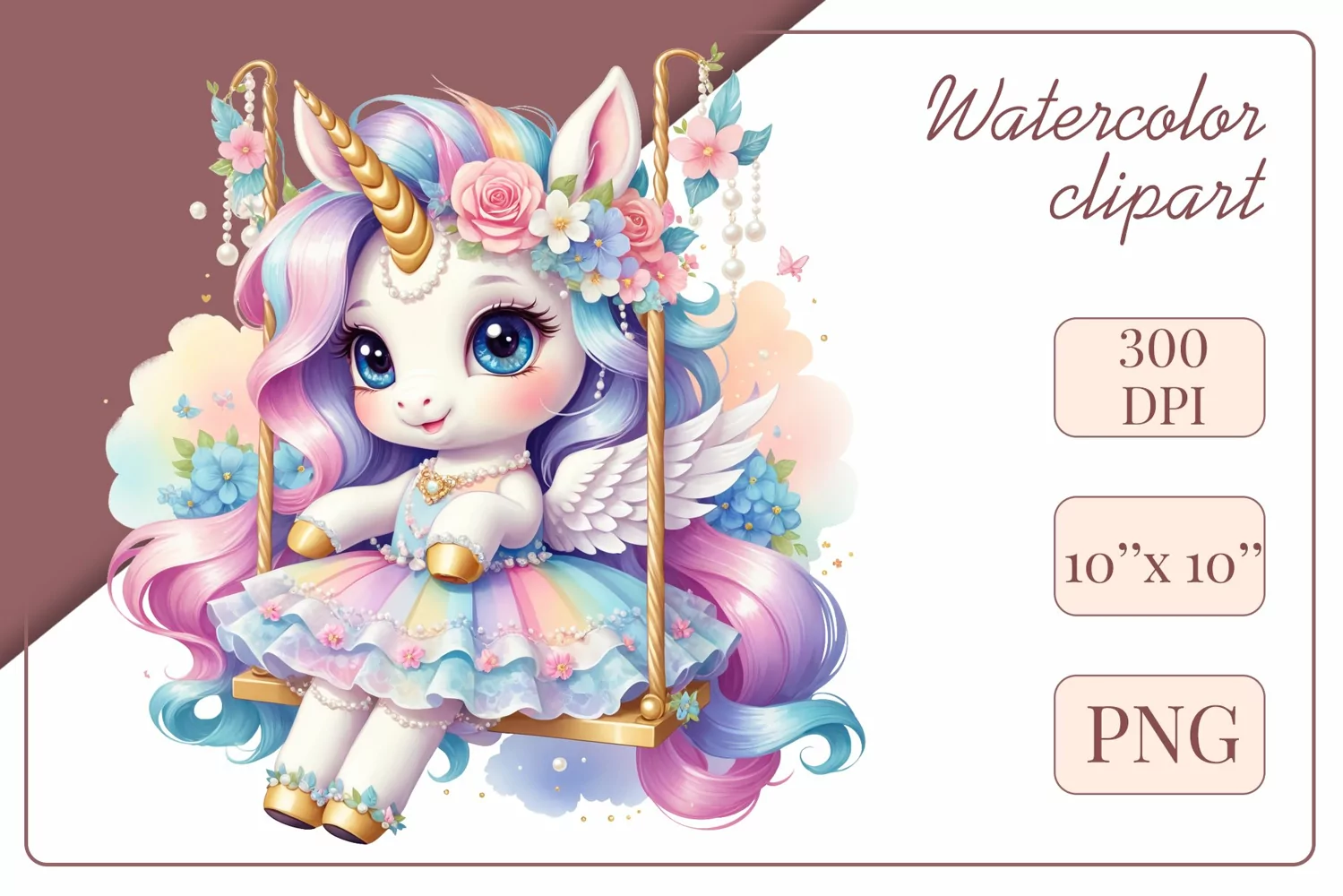 Cute baby unicorn clipart on flower-decorated swings in soft pastel hues. Perfect for children's books, educational materials, websites, and nursery decor. Watercolor and digital painting blend. Ideal for adding a magical touch to kids' content