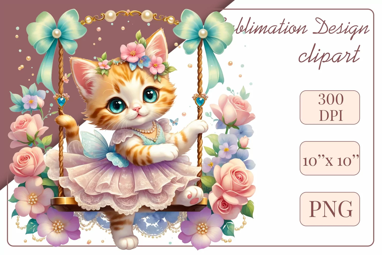 Cute kitten clipart on flower-decorated swings in soft pastel hues. Perfect for children's books, educational materials, websites, and nursery decor. Watercolor and digital painting blend. Ideal for adding a magical touch to kids' content