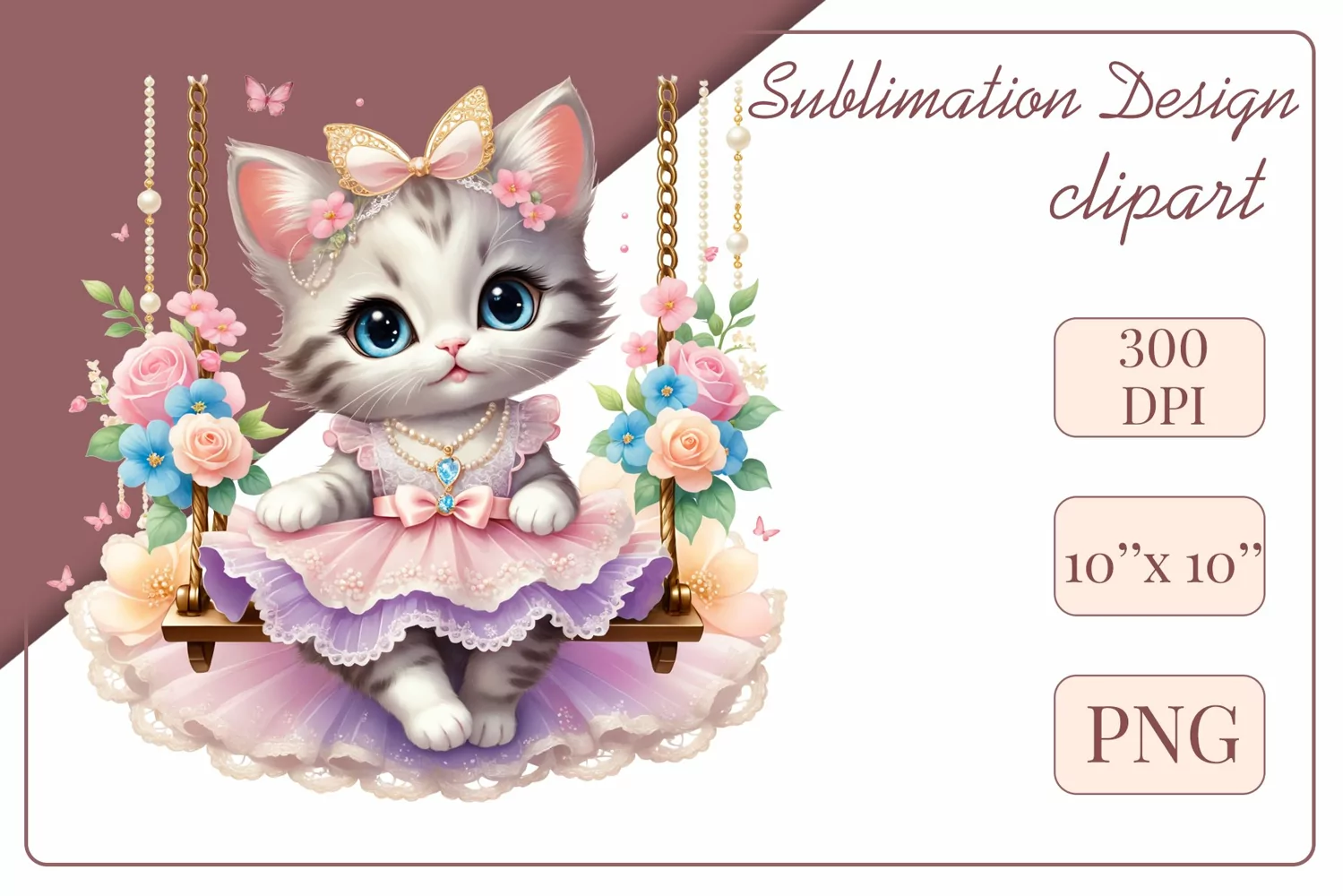 Cute kitten clipart on flower-decorated swings in soft pastel hues. Perfect for children's books, educational materials, websites, and nursery decor. Watercolor and digital painting blend. Ideal for adding a magical touch to kids' content