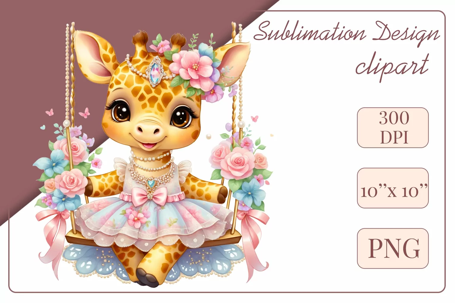 Cute baby giraffe clipart on flower-decorated swings in soft pastel hues. Perfect for children's books, educational materials, websites, and nursery decor. Watercolor and digital painting blend. Ideal for adding a magical touch to kids' content