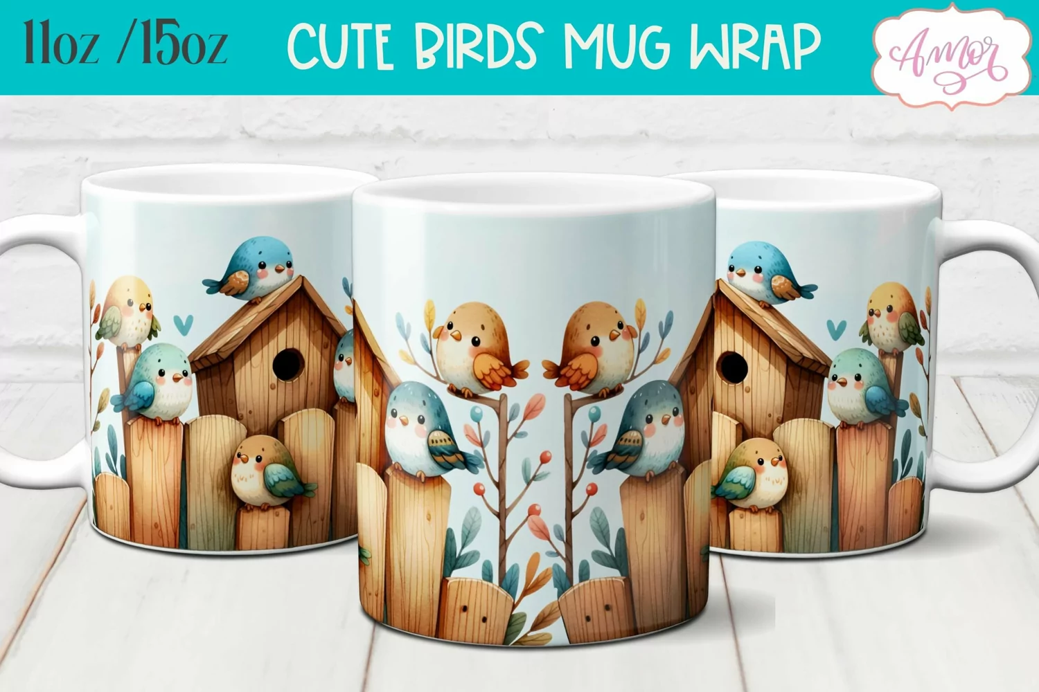 Cute watercolor birds mug wrap for sublimation 15oz 11oz product image 1