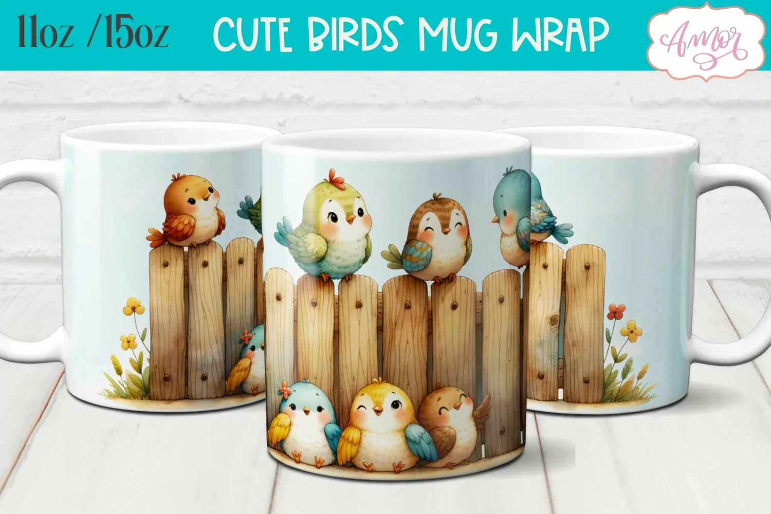 Cute watercolor birds mug wrap for sublimation 15oz 11oz product image 1