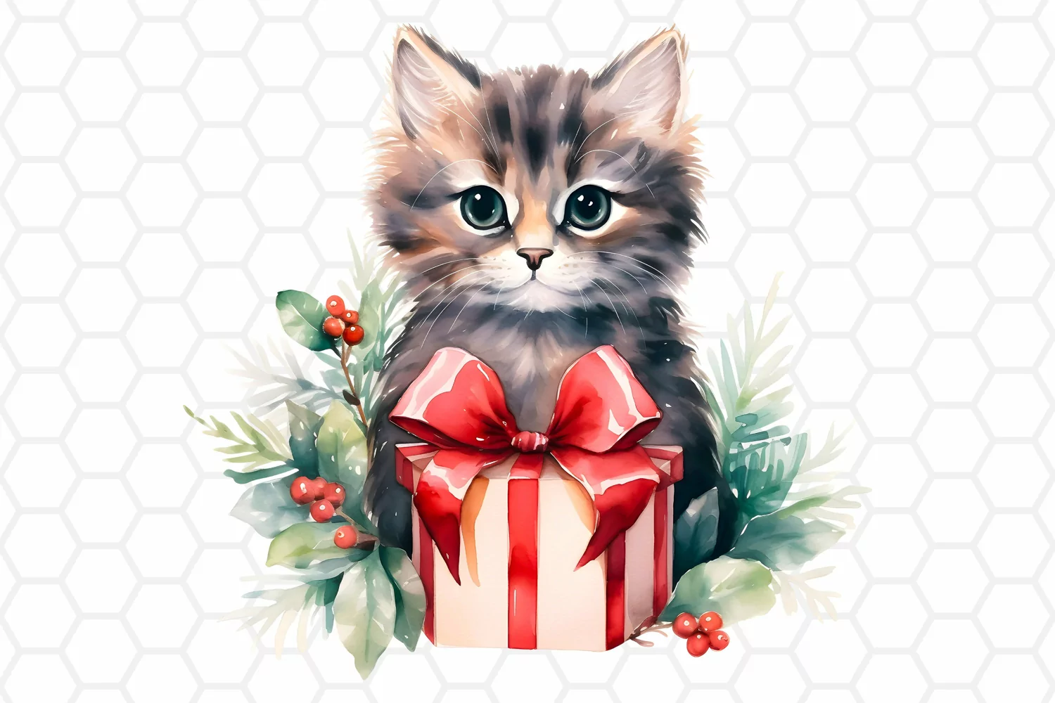 Cute Watercolor Christmas Cat Clipart Sublimation