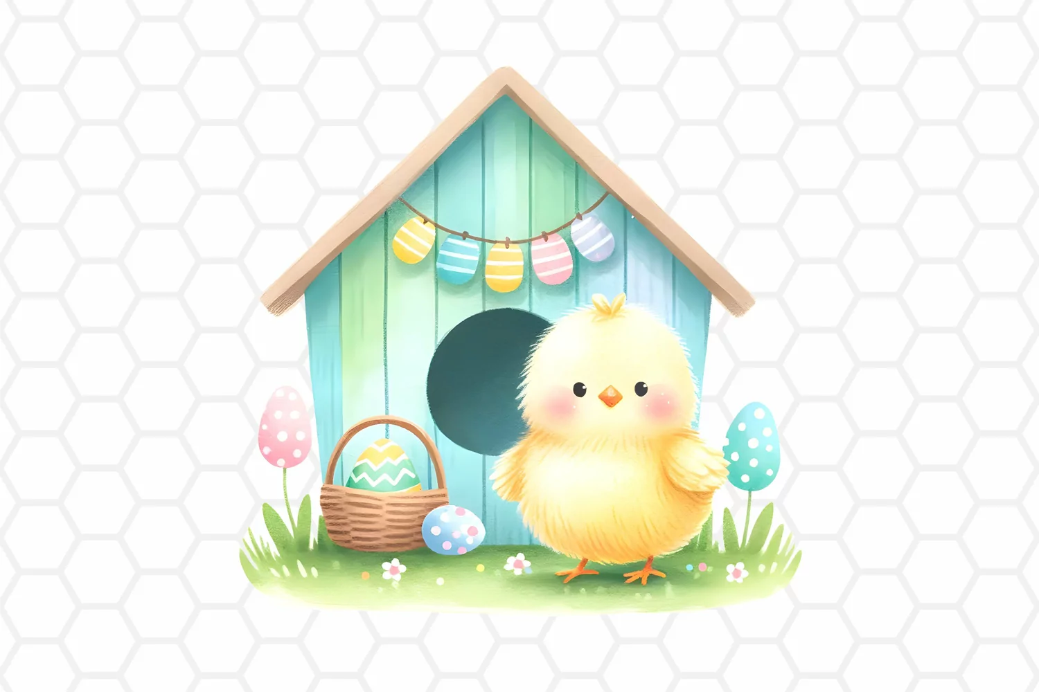 Cute Watercolor Easter Chick House Clipart Sublimation PNG