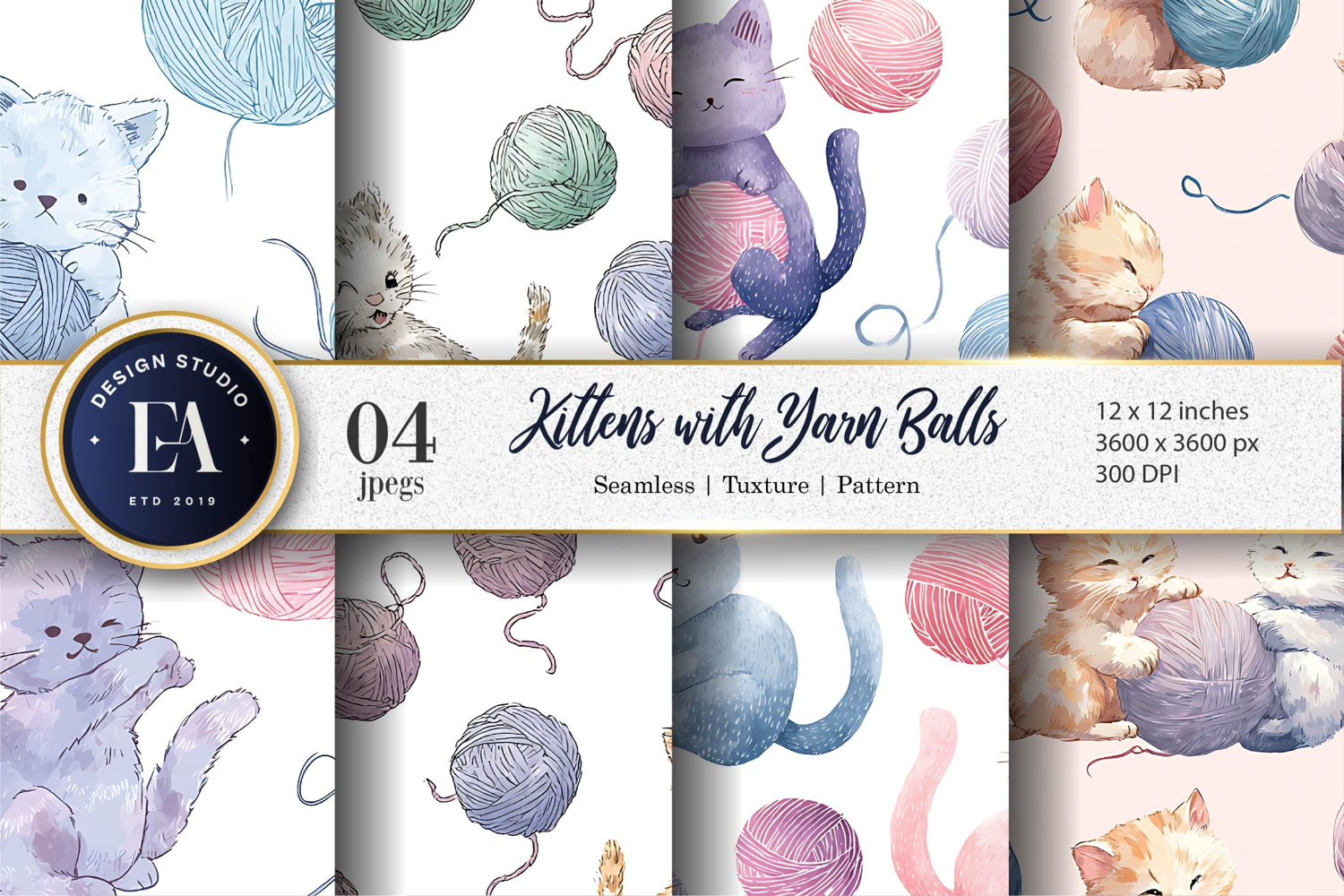 Kittens Playing Yarn Balls Watercolor Seamless Digital Paper product image 1
