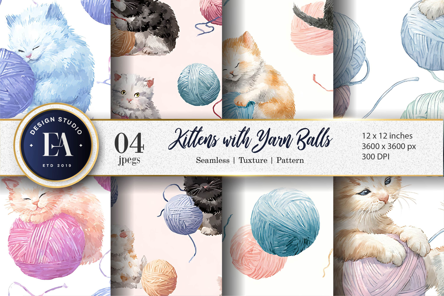 Watercolor Kittens with Yarn Balls Seamless Digital Paper product image 1