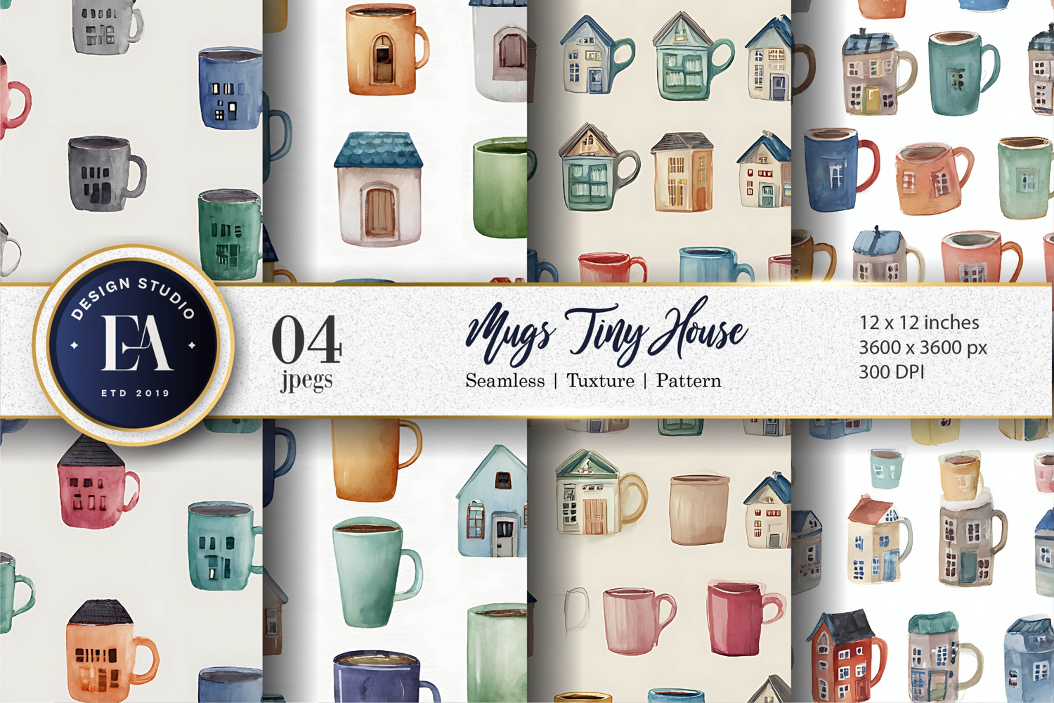 House Shaped Mug Watercolor Seamless Art Digital Paper product image 1