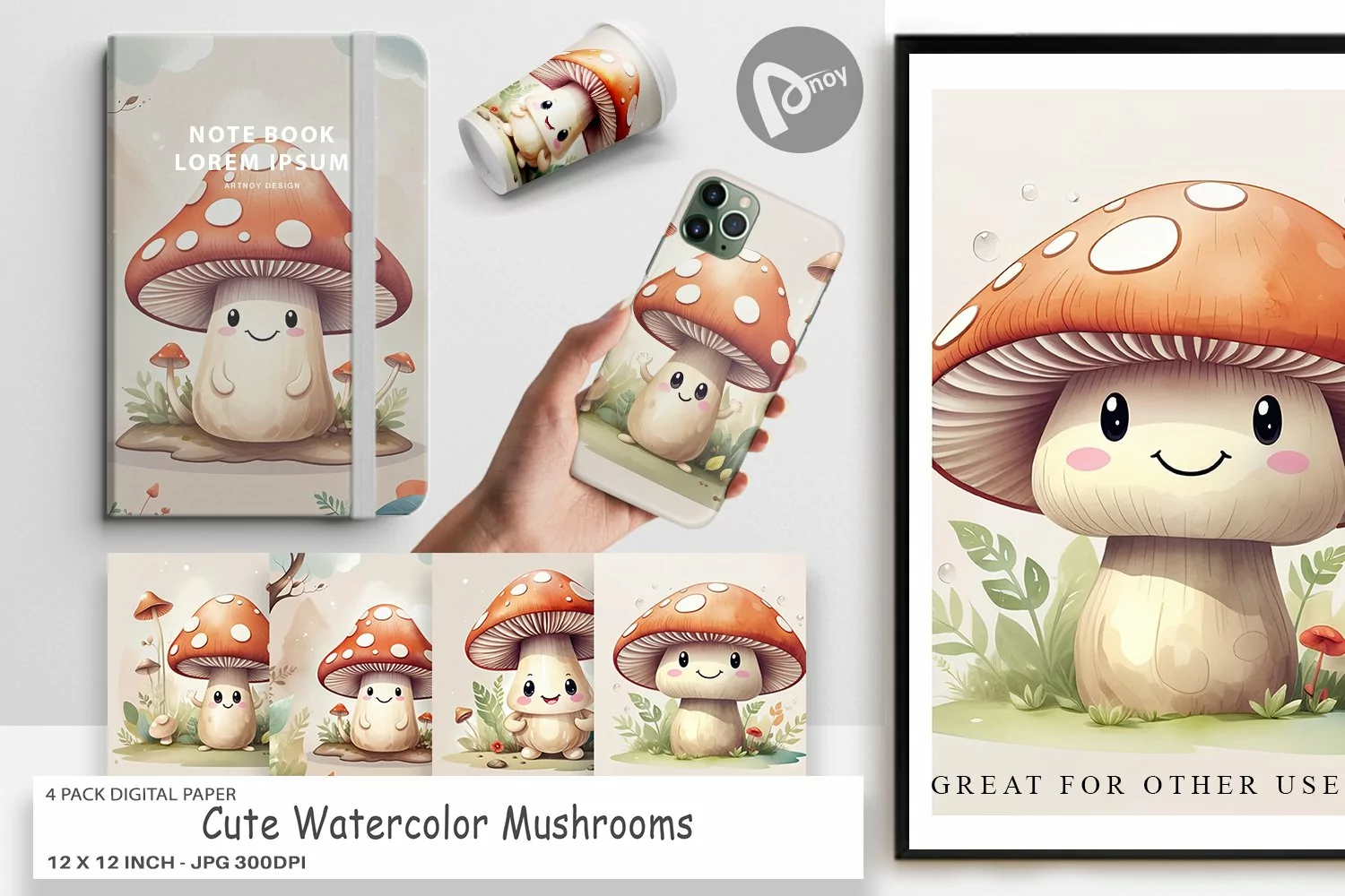 Digital Paper Watercolor Mushrooms product image 1