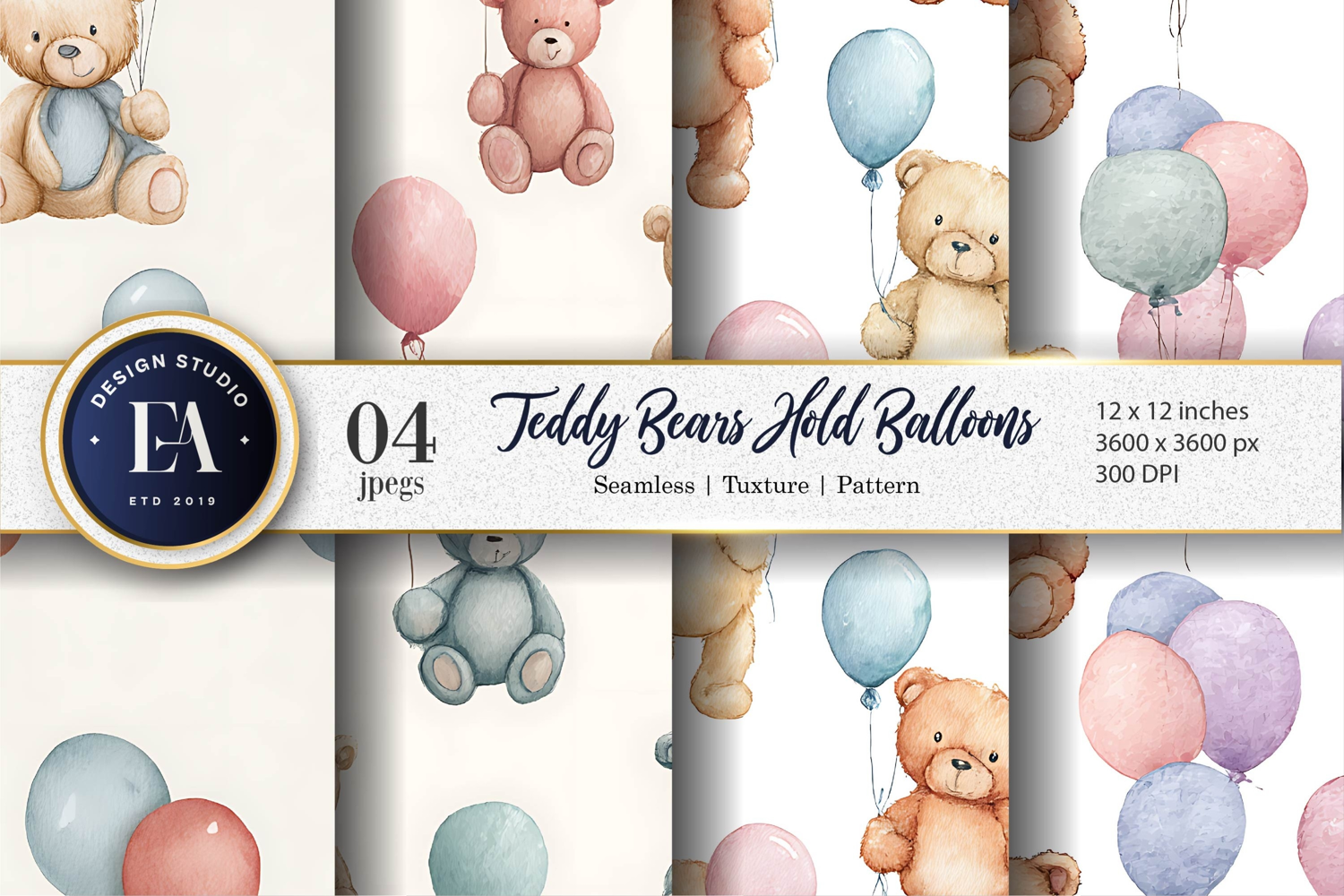 Hand-Painted Teddy Bears Balloons Watercolor Digital Paper product image 1