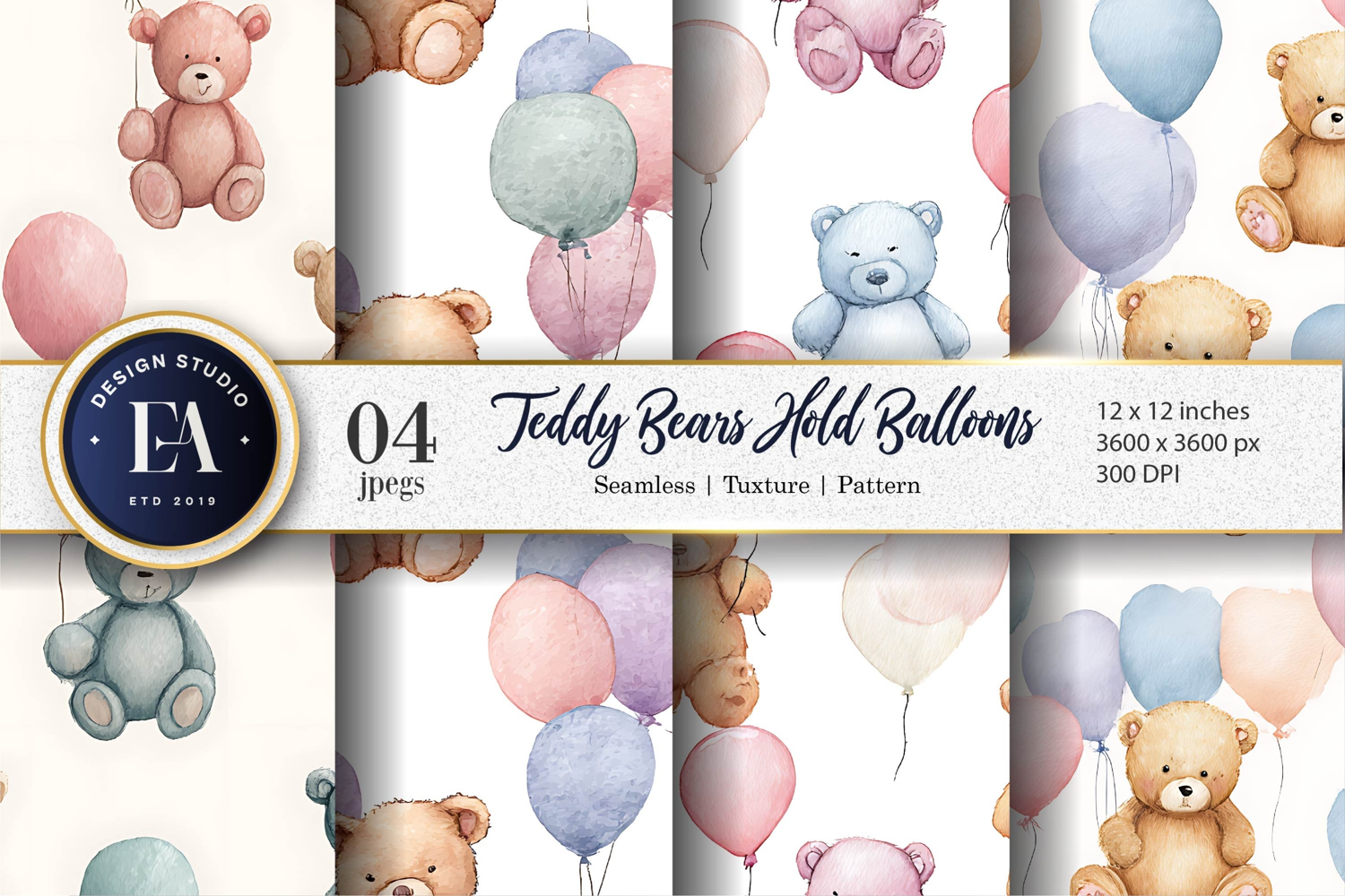 Pastel Teddy Bears with Balloons Seamless Digital Paper product image 1