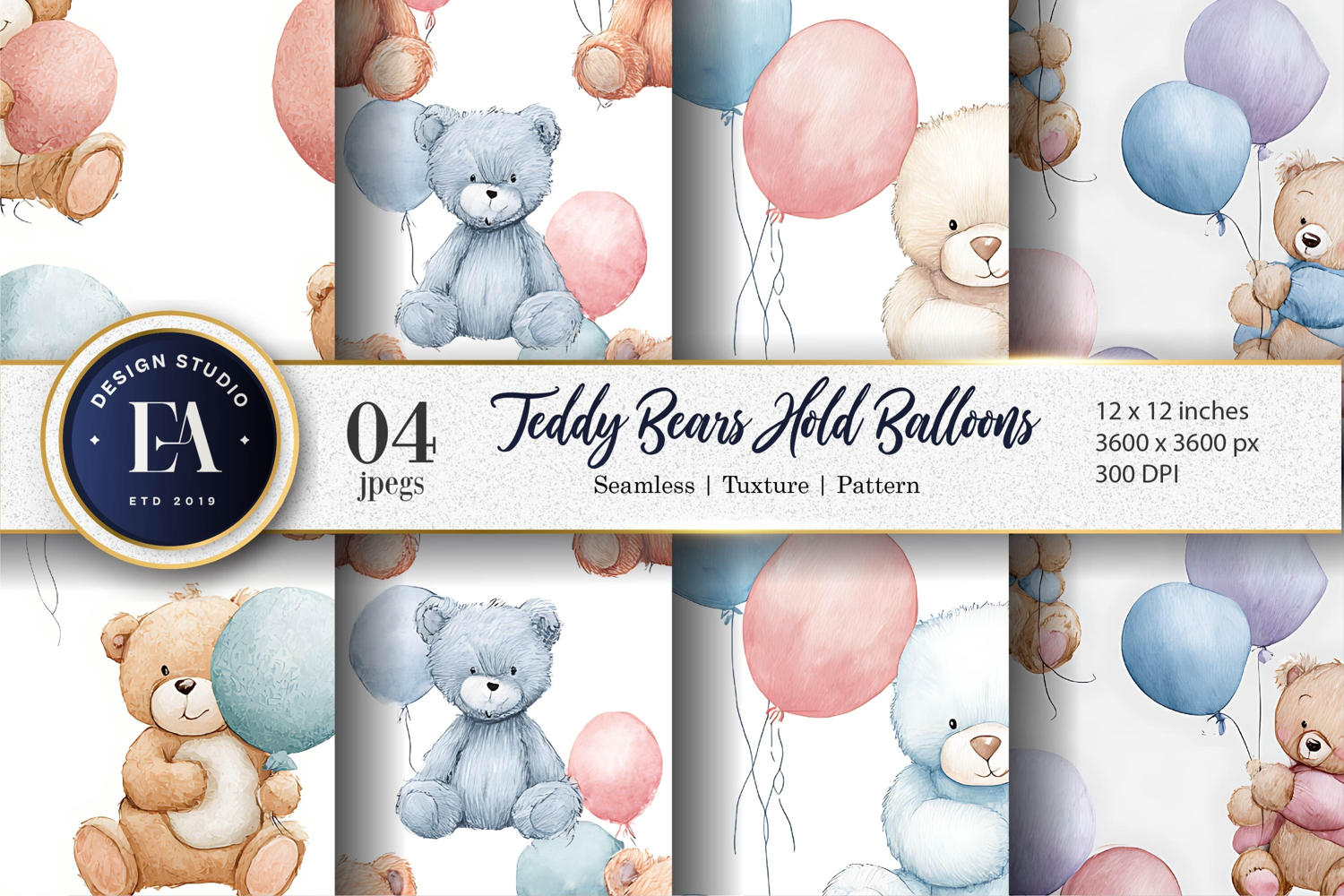 Adorable Teddy Bears Balloons Seamless Pattern Digital Paper product image 1