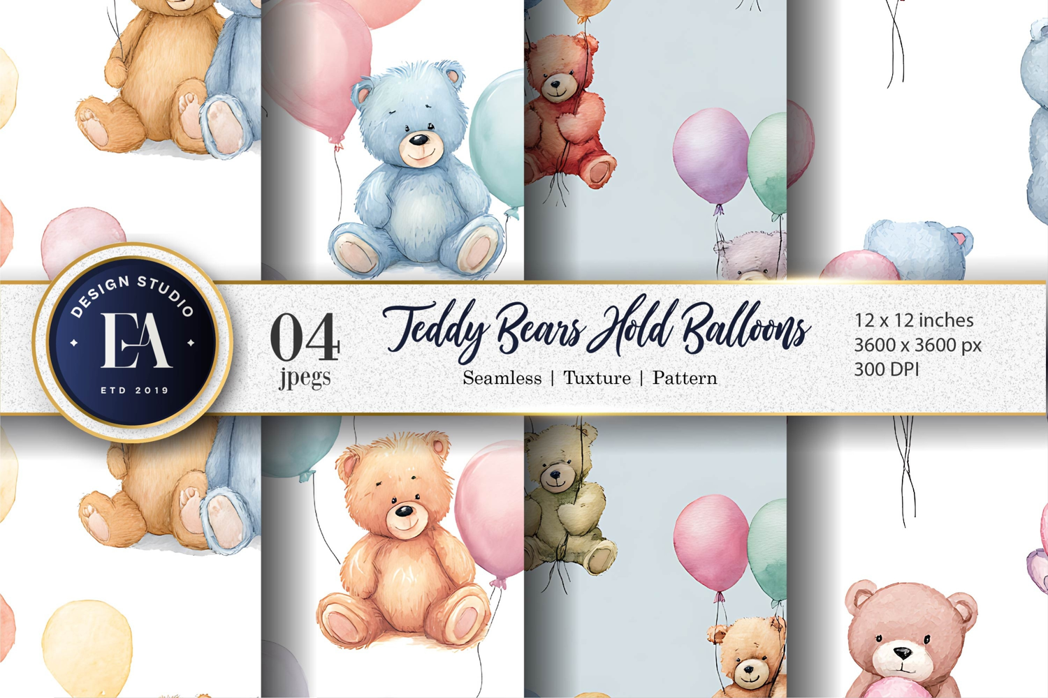 Adorable Teddy Bears Balloons Seamless Pattern Digital Paper product image 1