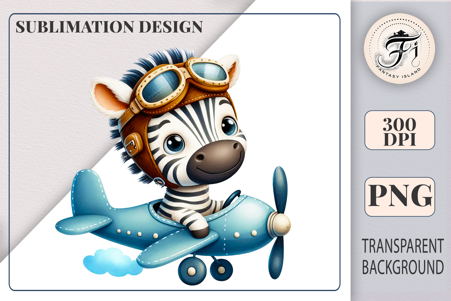 Cute cartoon zebra pilot flying a vintage airplane, watercolor sublimation clipart for kids, nursery decor, stickers, t-shirts, and greeting cards.
