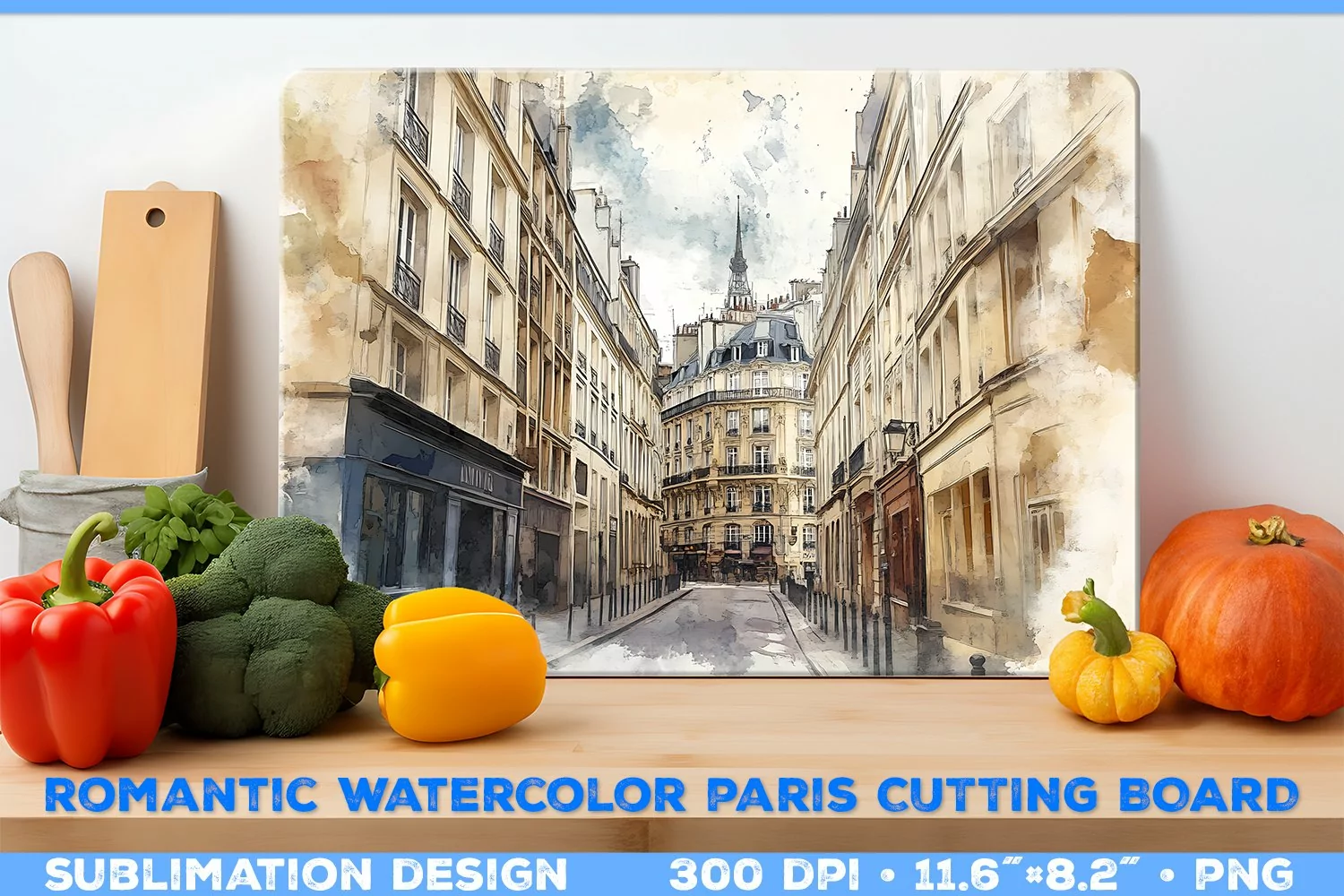 Romantic Watercolor Parisian Kitchen Cutting Board Design product image 1