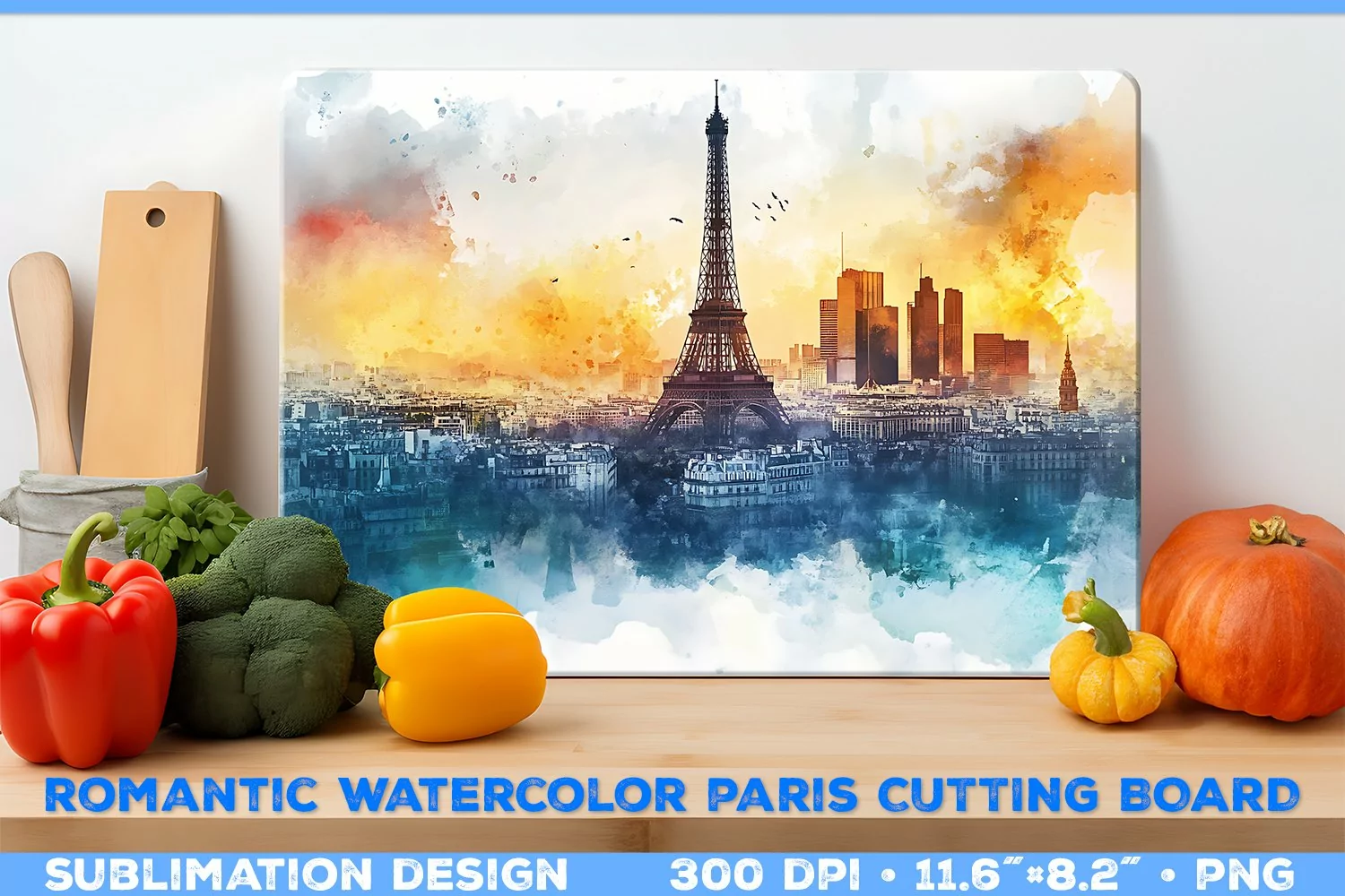 Romantic Watercolor Parisian Kitchen Cutting Board Design product image 1