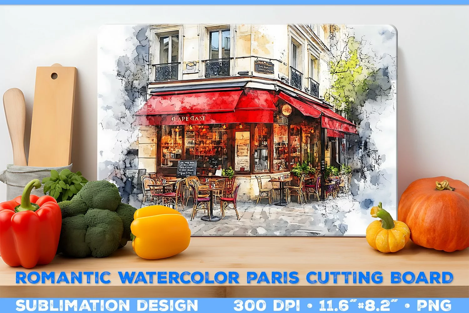 Romantic Watercolor Parisian Kitchen Cutting Board Design product image 1