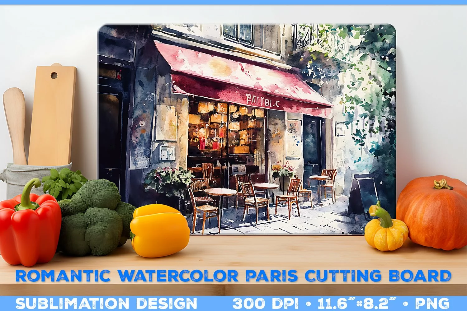 Romantic Watercolor Parisian Kitchen Cutting Board Design product image 1