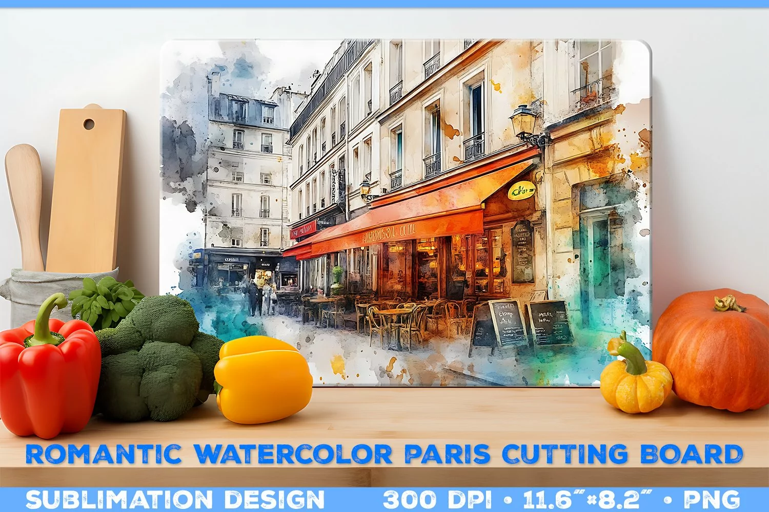 Romantic Watercolor Parisian Kitchen Cutting Board Design product image 1
