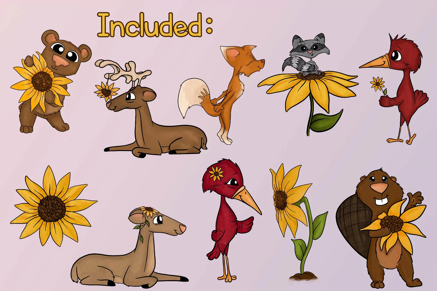 SunFlower Animals | Animals & Sunflowers| PNG Illustrations product image 1