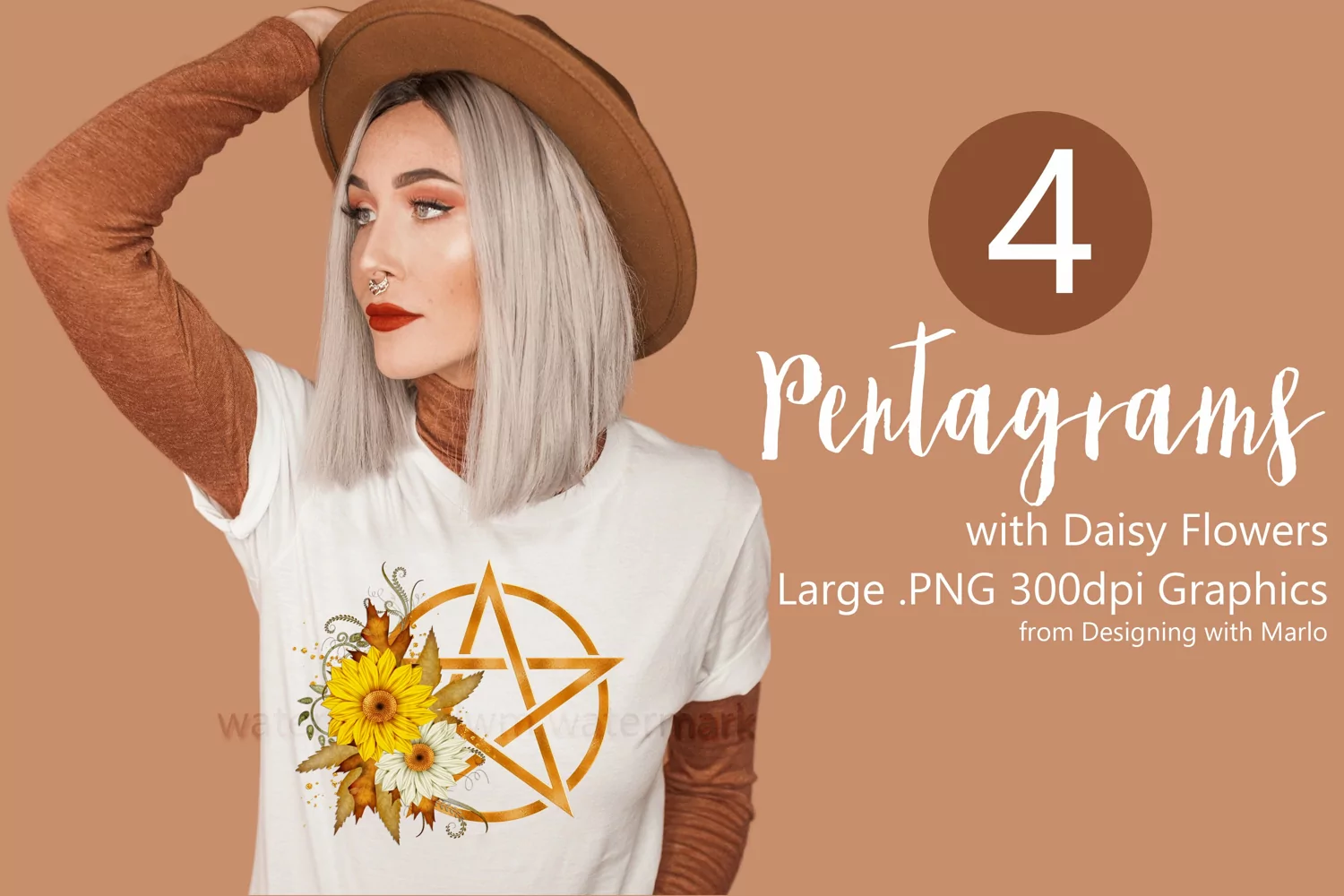 Wicca Pentagram PNG Graphics, Dark Golden with Daisy Flowers product image 1