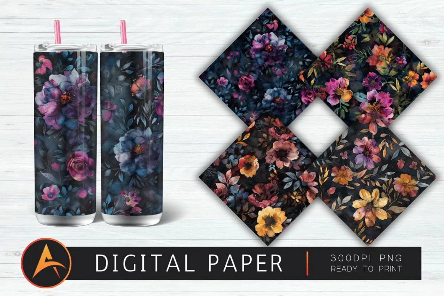 Dark Watercolor Flowers Digital Paper product image 1