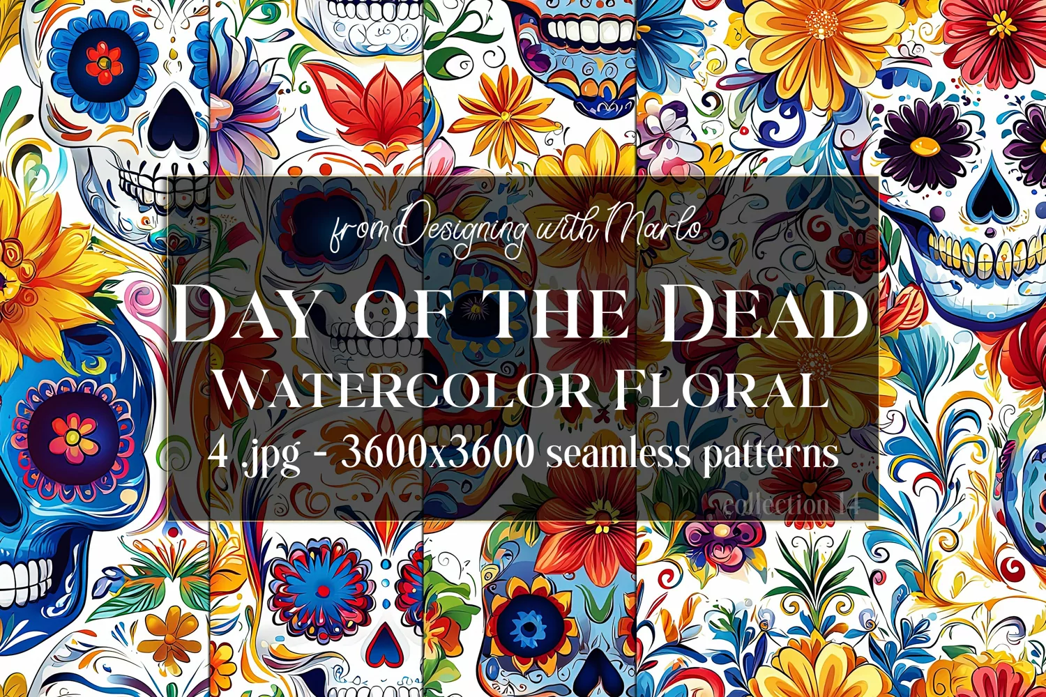 Day of the Dead Patterns, Watercolor Floral Skull Pattern 14 product image 1