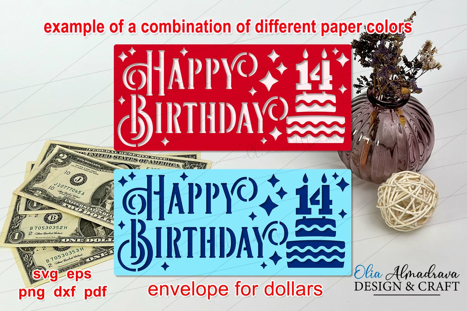 Cute Svg design Money wallet or cash Holder with cake and numbers 14 as a DIY 14th Happy Birthday Gift for boy, girl, her, him, friends, family.