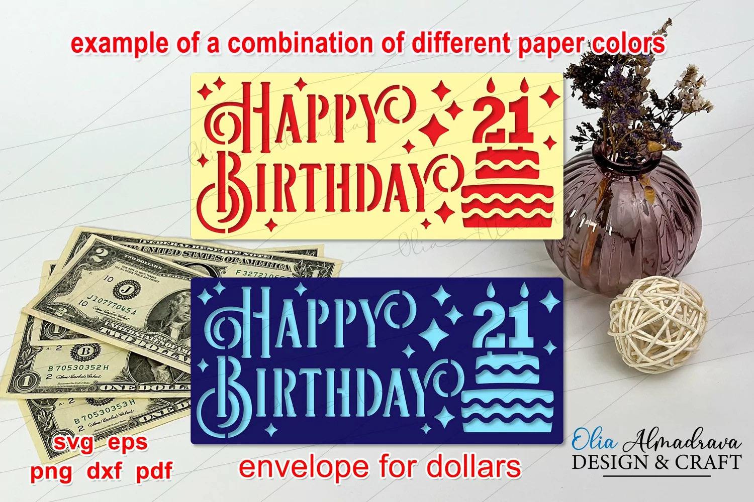 Cute Svg design Money wallet or cash Holder with cake and numbers 21 as a DIY 21st Happy Birthday Gift for teens, boy, girl, her, him, friends, family.