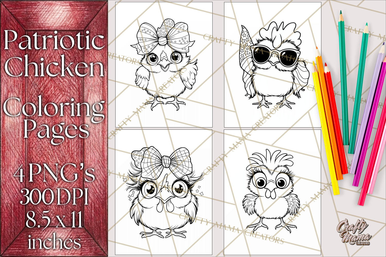 Patriotic Chicken Coloring Pages, Fourth of July PNG Files product image 1