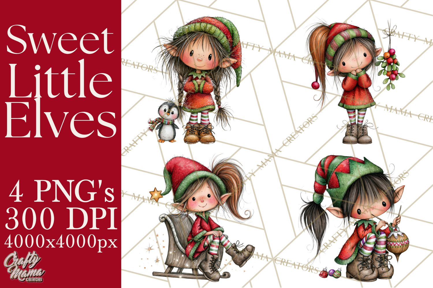 Sweet Little Christmas Elves PNG, Cute Holiday Elf Clip Art product image 1