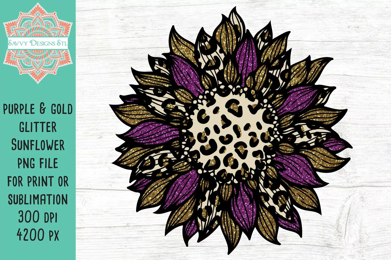 Gold Purple Glitter Leopard Sunflower Sublimation Design product image 1