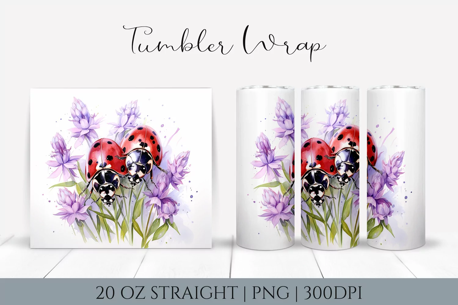 Watercolor ladybug floral tumbler wrap - 20oz Straight product image 1
