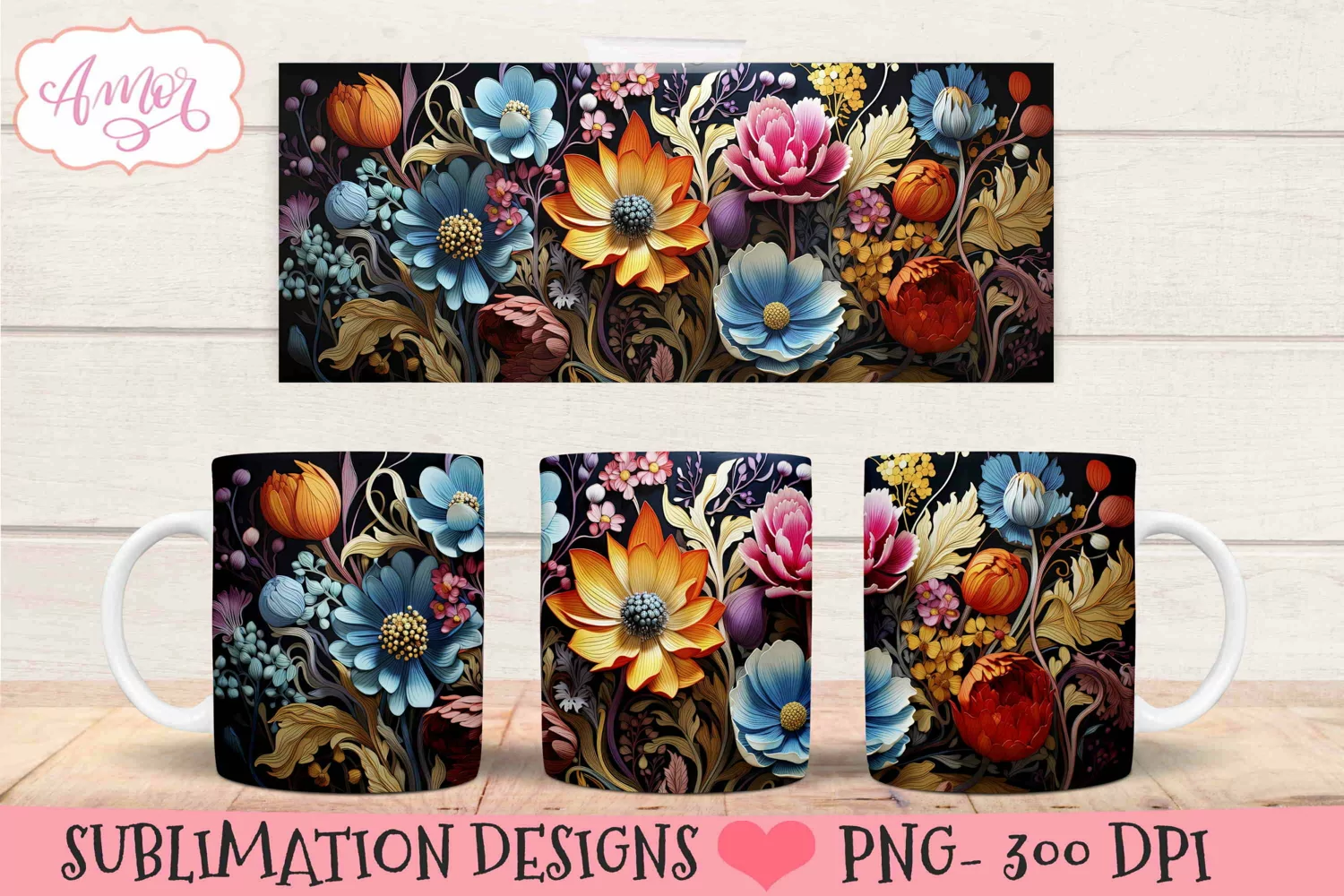 3D floral mug wrap design for sublimation | paper flowers product image 1